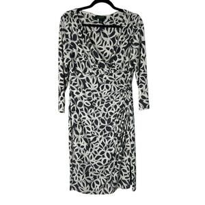 Lauren Ralph Lauren Dress Size 12 Navy White V-Neck Ruched Career Office Corpcor